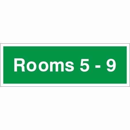 Rooms 5-9 green wayfinding indicator sign with white text