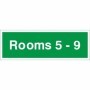 Rooms 5-9 green wayfinding indicator sign with white text