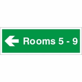 Rooms 5-9 arrow left green wayfinding indicator sign