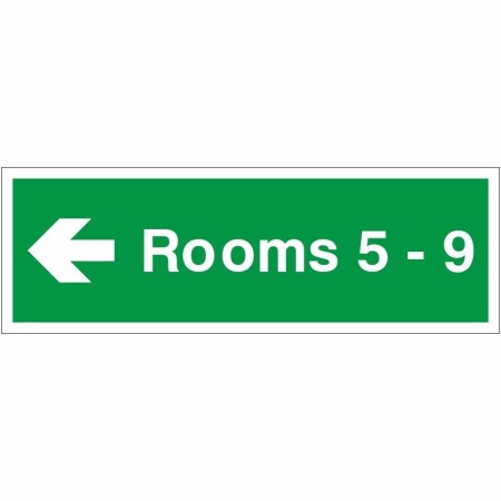 Rooms 5-9 arrow left green wayfinding indicator sign
