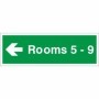 Rooms 5-9 arrow left green wayfinding indicator sign