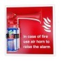 Handheld air horn sign instructing users to raise the alarm in case of fire