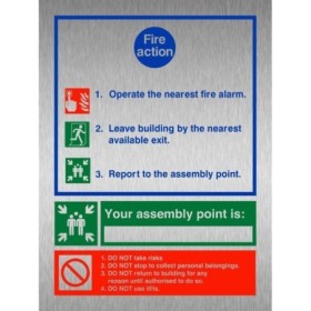 3 point fire action brushed aluminium notice sign with assembly point instructions