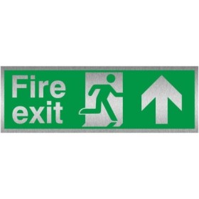 Fire exit arrow up brushed aluminium safety sign with running man symbol