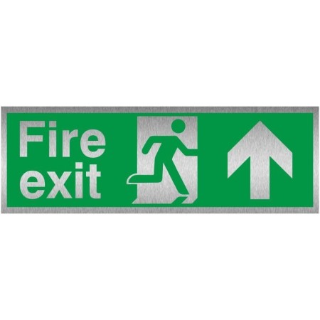 Fire exit arrow up brushed aluminium safety sign with running man symbol