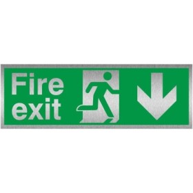 Fire exit arrow down brushed aluminium safety sign with running man symbol