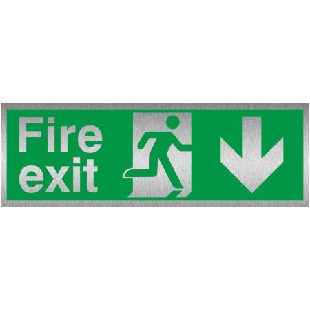 Fire exit arrow down brushed aluminium safety sign with running man symbol