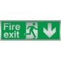 Fire exit arrow down brushed aluminium safety sign with running man symbol