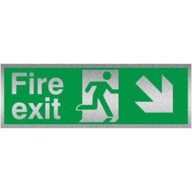 Fire exit sign with down right arrow and running man symbol in brushed aluminium finish