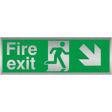 Fire exit sign with down right arrow and running man symbol in brushed aluminium finish