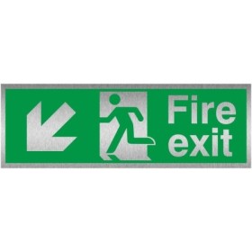 Fire exit sign with down left arrow and brushed aluminium finish