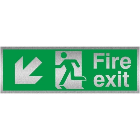 Fire exit sign with down left arrow and brushed aluminium finish