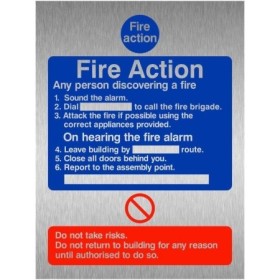 Fire Action 6 point emergency procedure notice sign in brushed aluminium finish