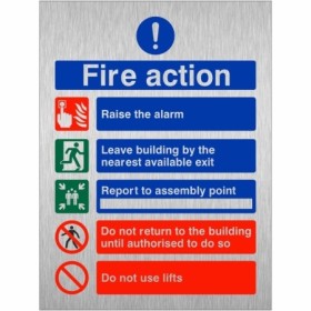 5 point brushed aluminium fire action notice sign with do not use lifts instruction