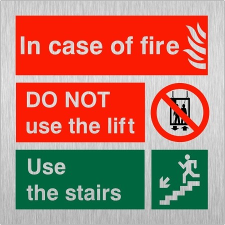 In case of fire do not use the lift use the stairs brushed aluminium fire action notice sign