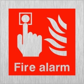 Brushed aluminium fire alarm sign with fire alarm activation symbol