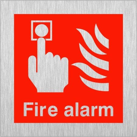 Brushed aluminium fire alarm sign with fire alarm activation symbol