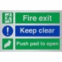 Fire exit keep clear push pad to open brushed aluminium safety sign