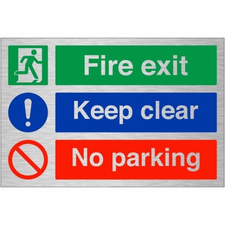 Fire exit keep clear no parking safety sign on brushed aluminium background