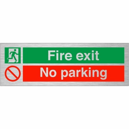 Fire Exit No Parking safety sign on brushed aluminium background