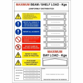 Maximum Beam/Shelf Load Notice Sign for pallet racking and warehouse shelving systems