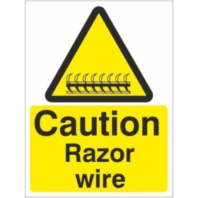 Caution Razor Wire warning sign with hazard symbol and razor wire text