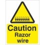 Caution Razor Wire warning sign with hazard symbol and razor wire text