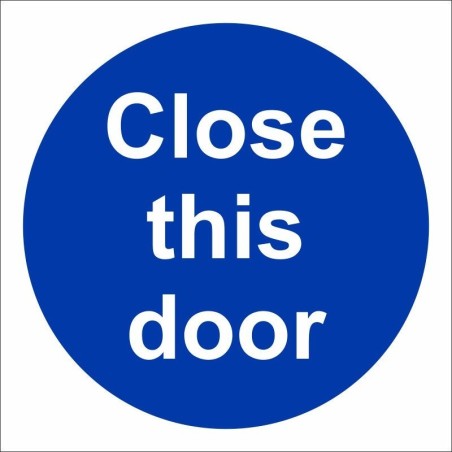 Close This Door mandatory safety sign in blue and white