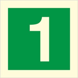 Glow in the dark fire sign displaying floor number 1 for emergency evacuation guidance