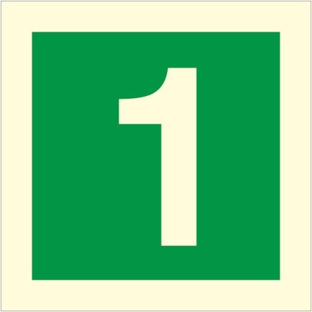 Glow in the dark fire sign displaying floor number 1 for emergency evacuation guidance