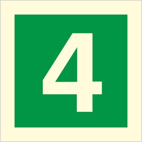 Glow in the dark fire safety sign displaying the number 4 for emergency floor identification