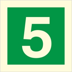 Glow in the dark fire sign displaying the number 5 for emergency floor identification
