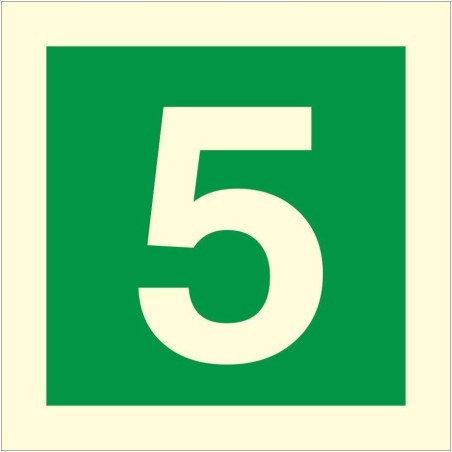 Glow in the dark fire sign displaying the number 5 for emergency floor identification