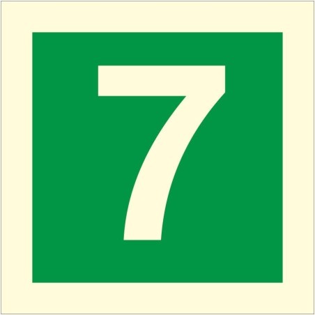 Glow in the dark fire safety sign displaying the number 7 for emergency stairway identification