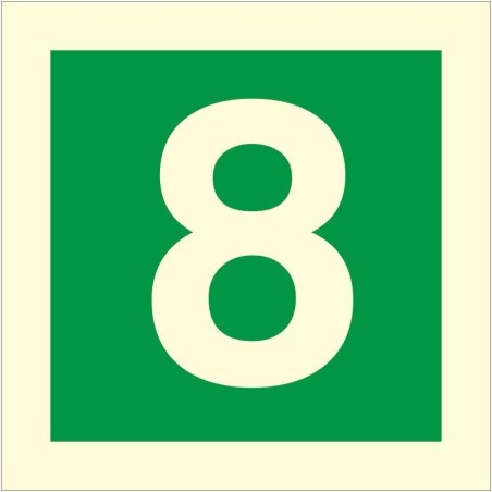 Glow in the dark fire safety sign showing the number 8 for emergency floor identification