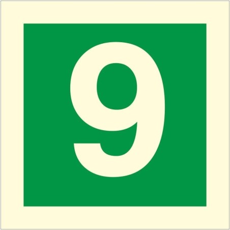Glow in the dark fire sign displaying the number 9 for emergency floor identification